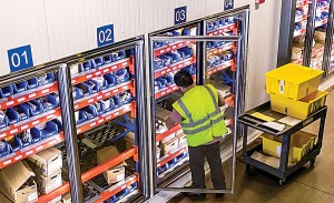 Span-Track shelving efficiently displays bins containing 2,000 temperature-sensitive SKUs. Photo courtesy UNEX Manufacturing Inc.